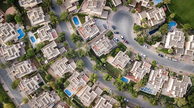 An aerial shot of an upper class neighborhood in Florida.